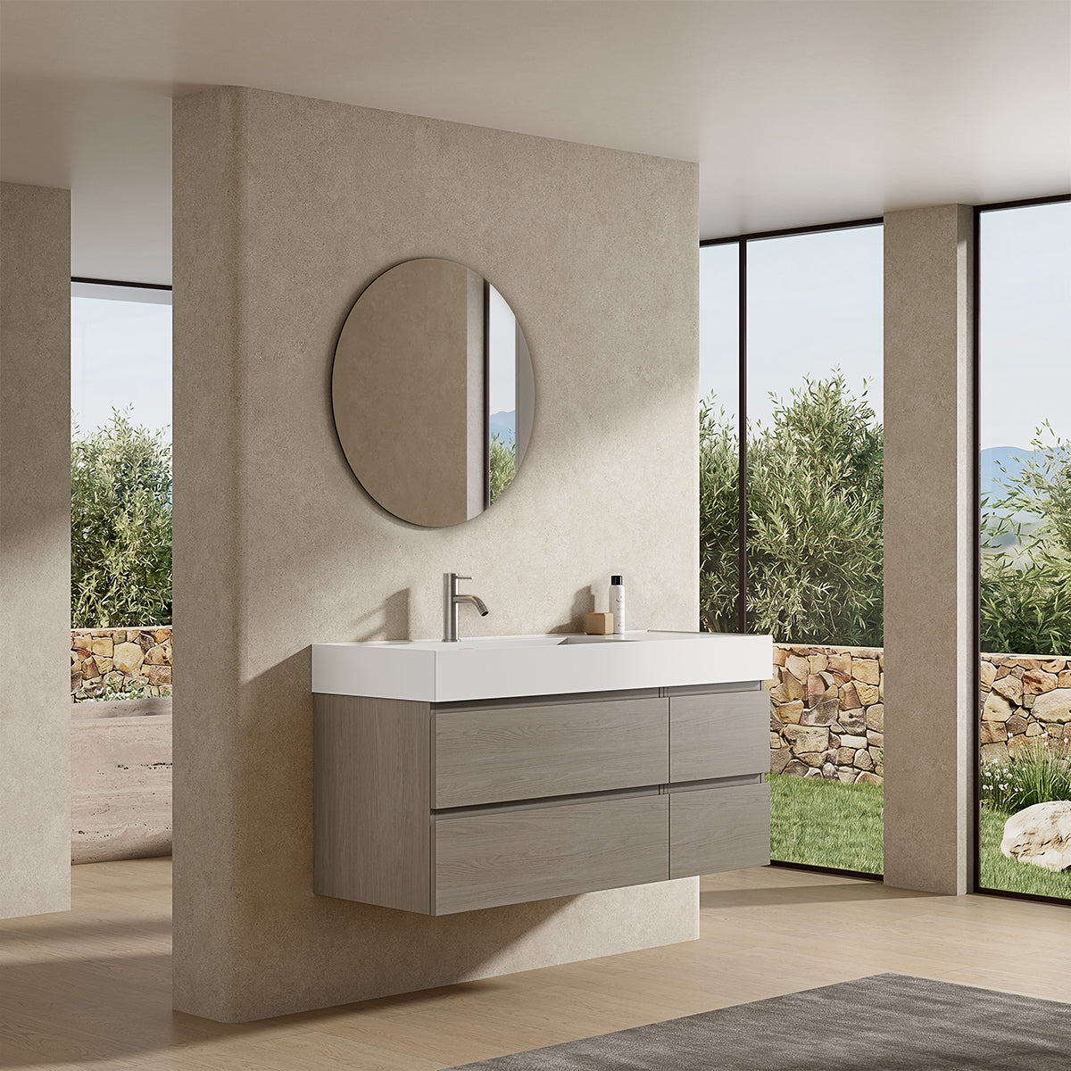 Mobile bagno sospeso 120 cm Beige Lavabo a Sinistra in Resina Specchio Tondo - Fiji Wood