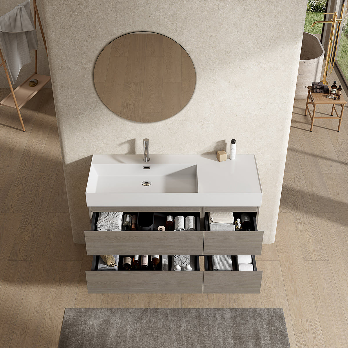 Mobile bagno sospeso 120 cm Beige Lavabo a Sinistra in Resina Specchio Tondo - Fiji Wood