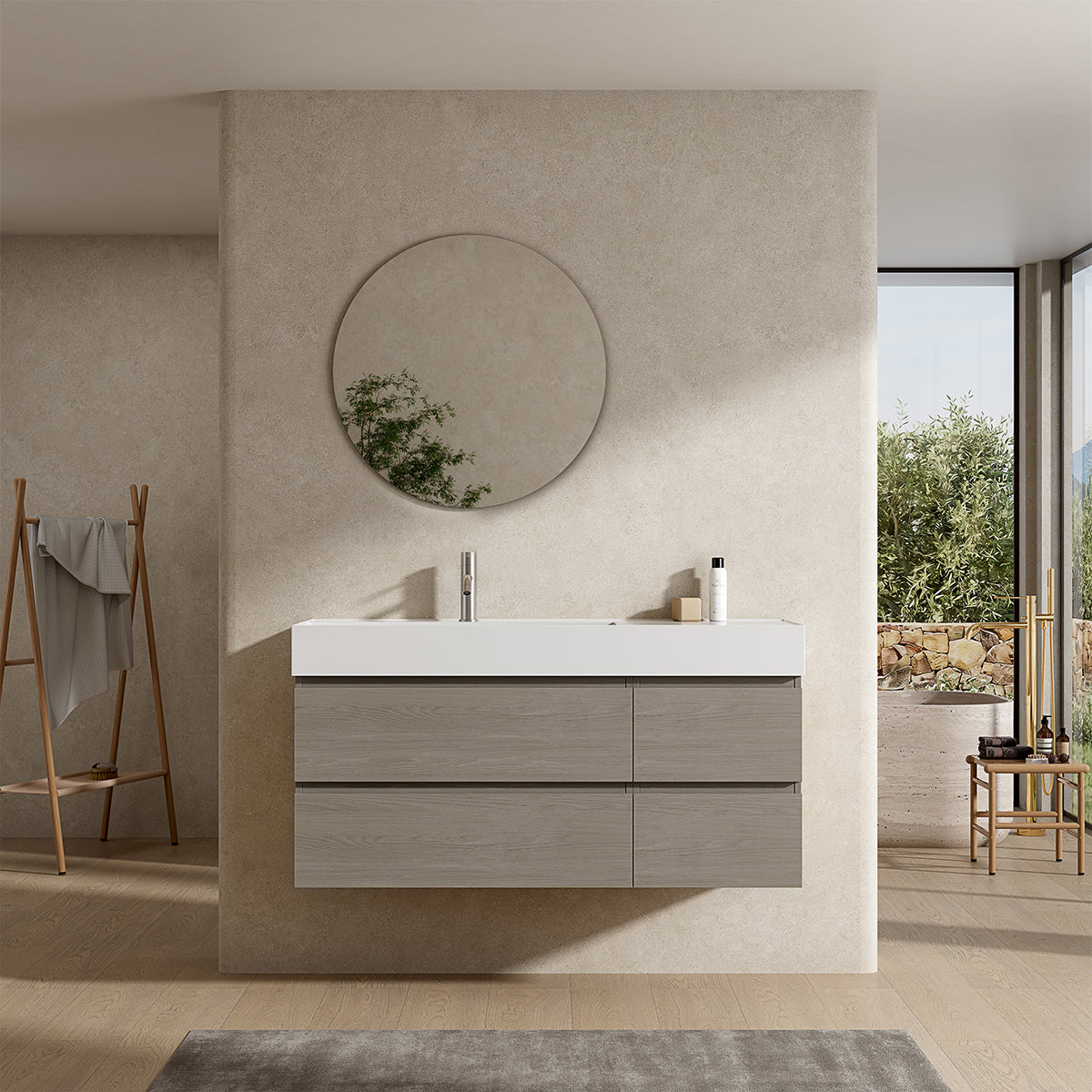 Mobile bagno sospeso 120 cm Beige Lavabo a Sinistra in Resina Specchio Tondo - Fiji Wood
