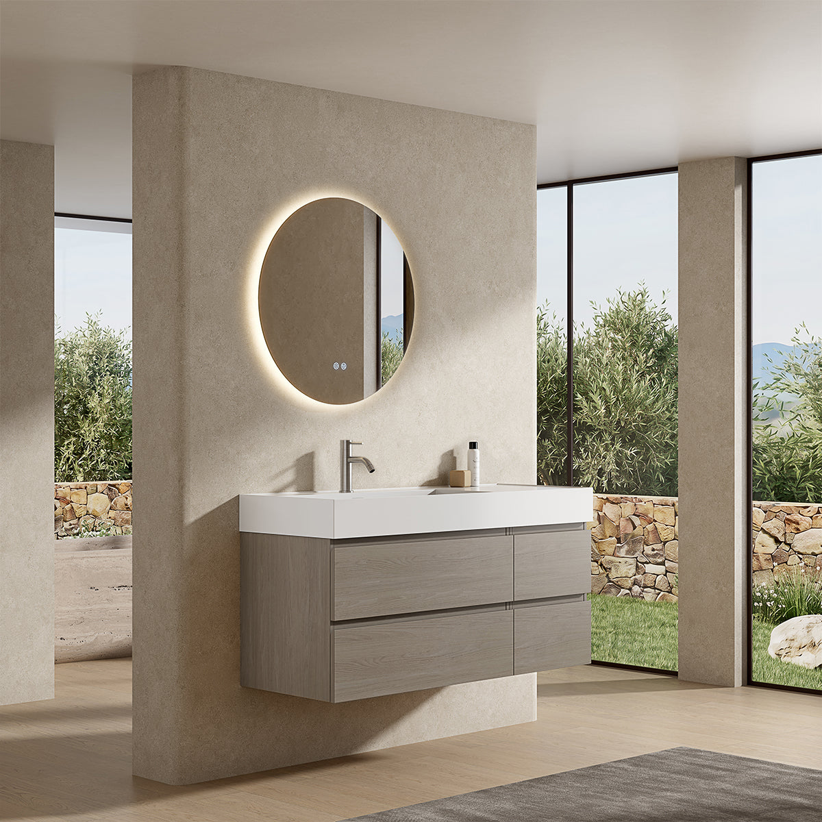 Mobile bagno sospeso 120 cm Beige Lavabo a Sinistra in Resina Specchio Tondo Retroilluminato - Fiji Wood