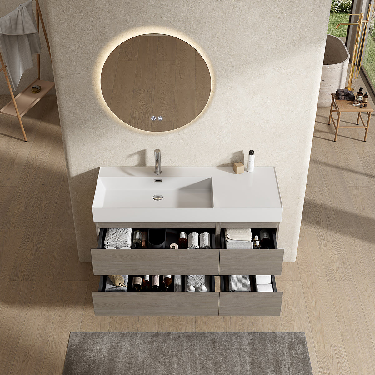 Mobile bagno sospeso 120 cm Beige Lavabo a Sinistra in Resina Specchio Tondo Retroilluminato - Fiji Wood