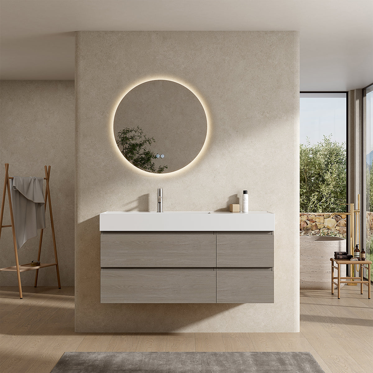Mobile bagno sospeso 120 cm Beige Lavabo a Sinistra in Resina Specchio Tondo Retroilluminato - Fiji Wood