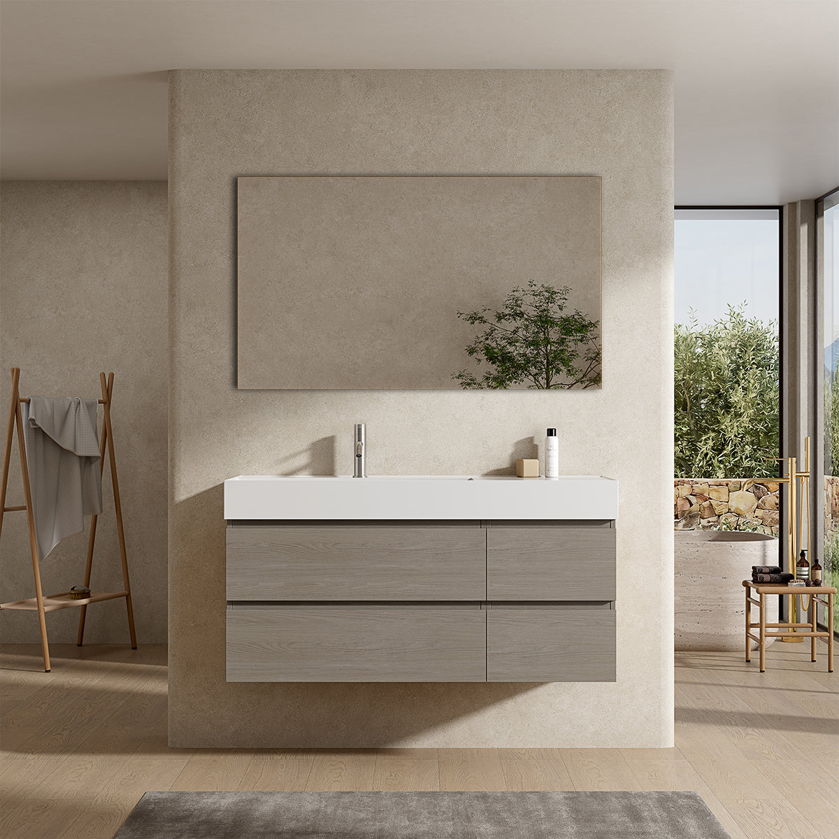 Mobile bagno sospeso 120 cm Beige Lavabo a Sinistra in Resina Specchio Quadro - Fiji Wood