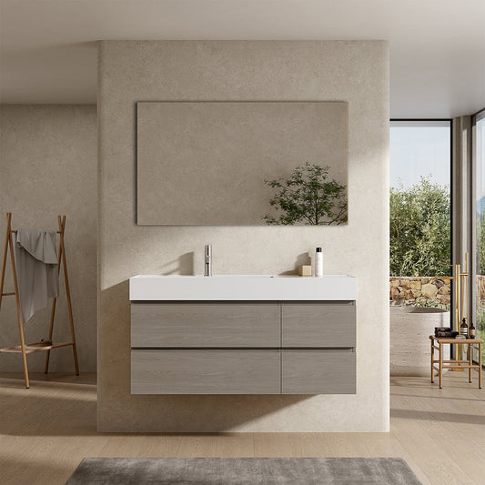 Mobile bagno sospeso 120 cm Beige Lavabo a Sinistra in Resina Specchio Quadro - Fiji Wood