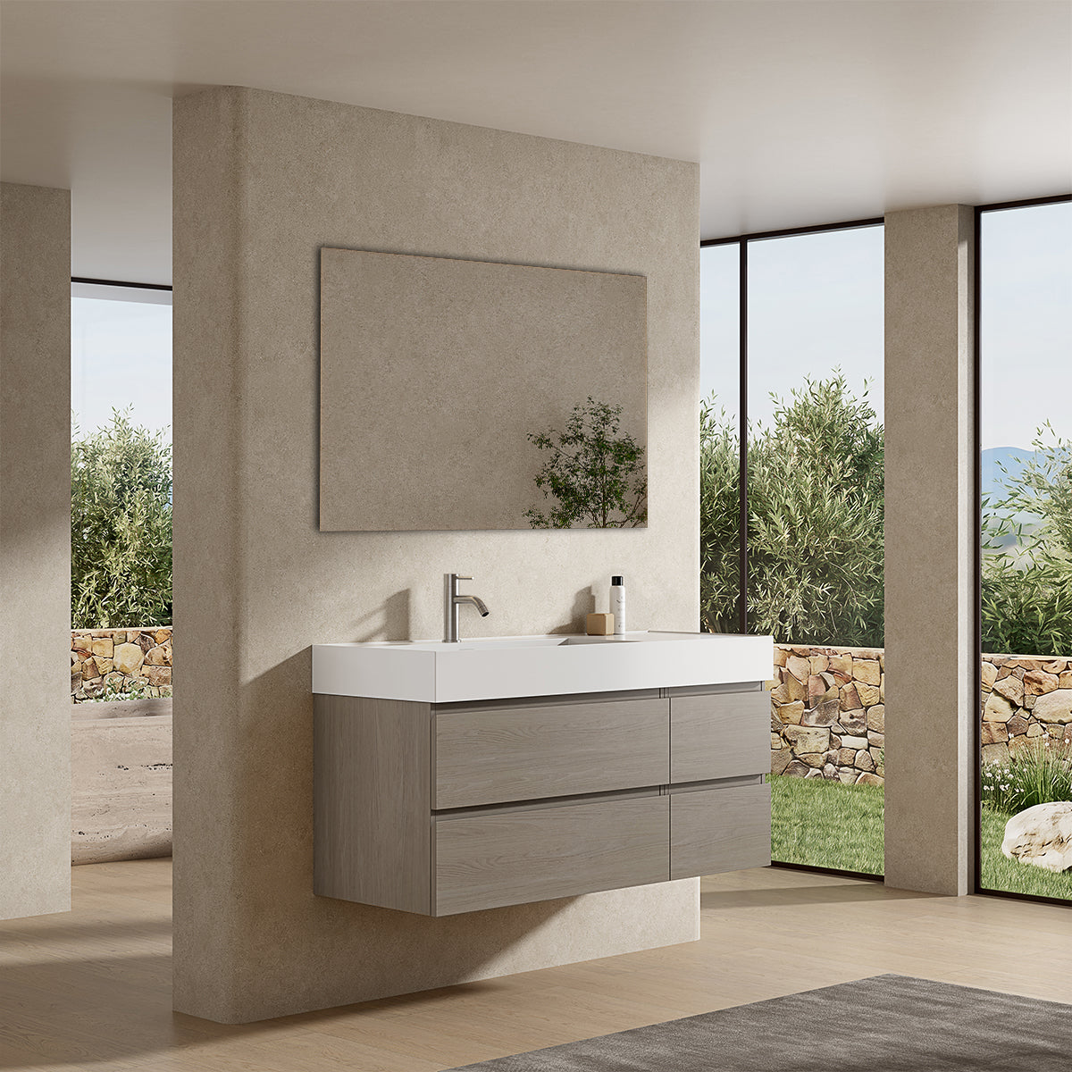 Mobile bagno sospeso 120 cm Beige Lavabo a Sinistra in Resina Specchio Quadro - Fiji Wood