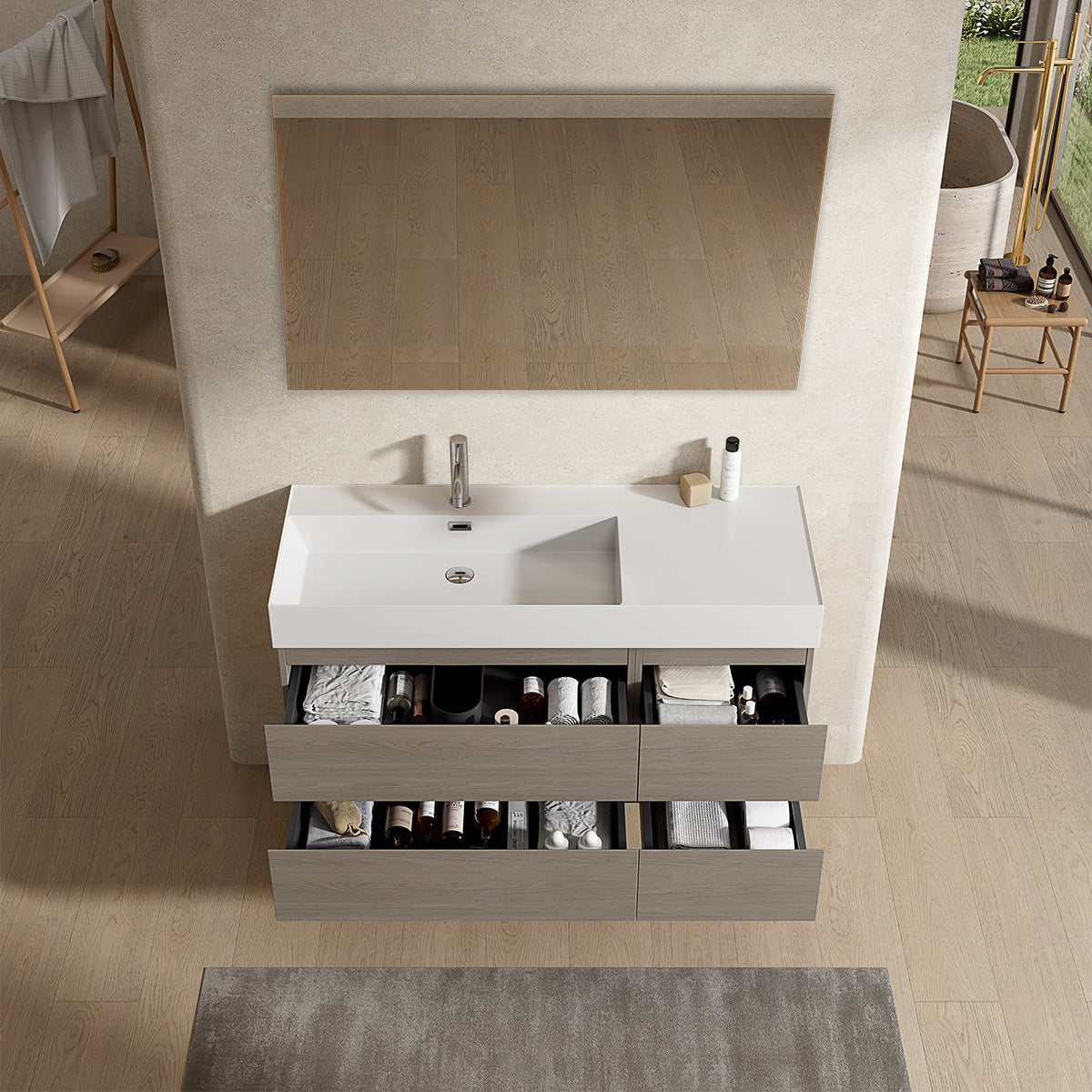 Mobile bagno sospeso 120 cm Beige Lavabo a Sinistra in Resina Specchio Quadro - Fiji Wood