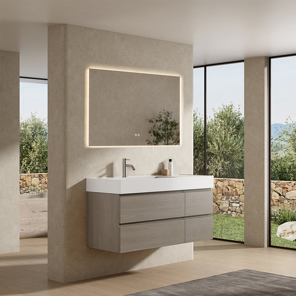 Mobile bagno sospeso 120 cm Beige Lavabo a Sinistra in Resina Specchio Quadro Retroilluminato - Fiji Wood