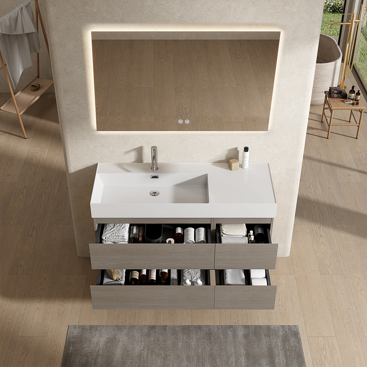Mobile bagno sospeso 120 cm Beige Lavabo a Sinistra in Resina Specchio Quadro Retroilluminato - Fiji Wood