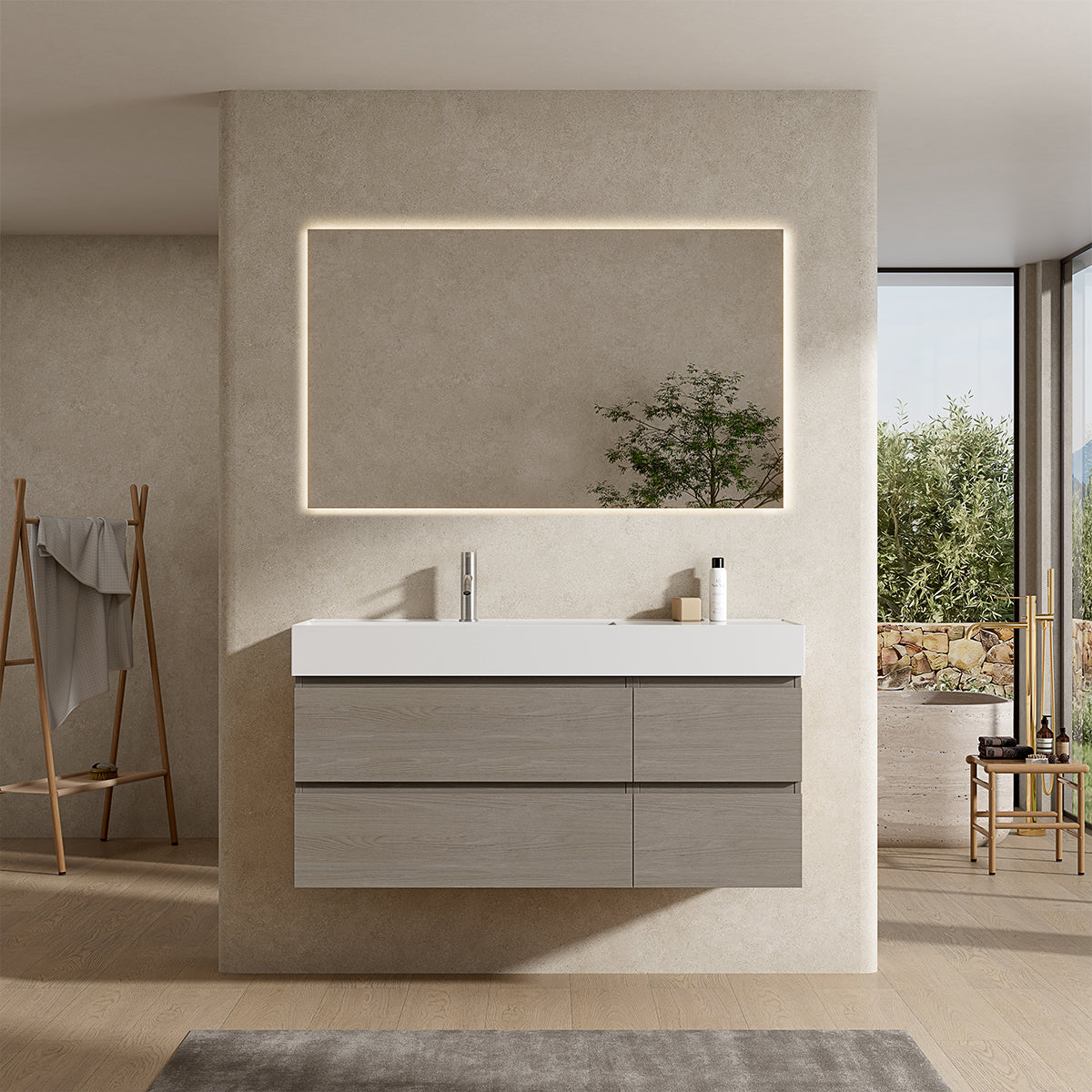 Mobile bagno sospeso 120 cm Beige Lavabo a Sinistra in Resina Specchio Quadro Retroilluminato - Fiji Wood