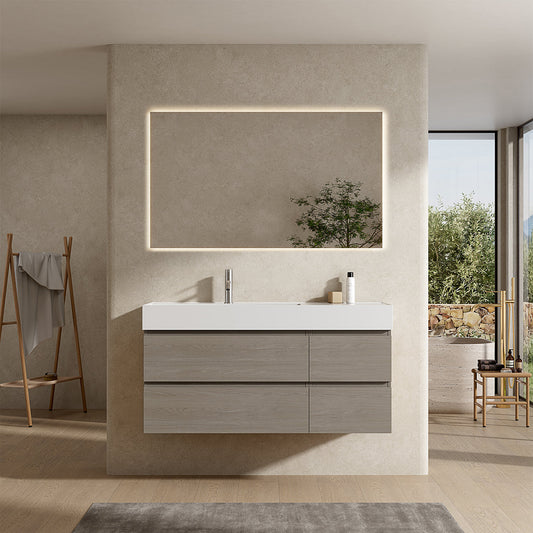 Mobile bagno sospeso 120 cm Beige Lavabo a Sinistra in Resina Specchio Quadro Retroilluminato - Fiji Wood