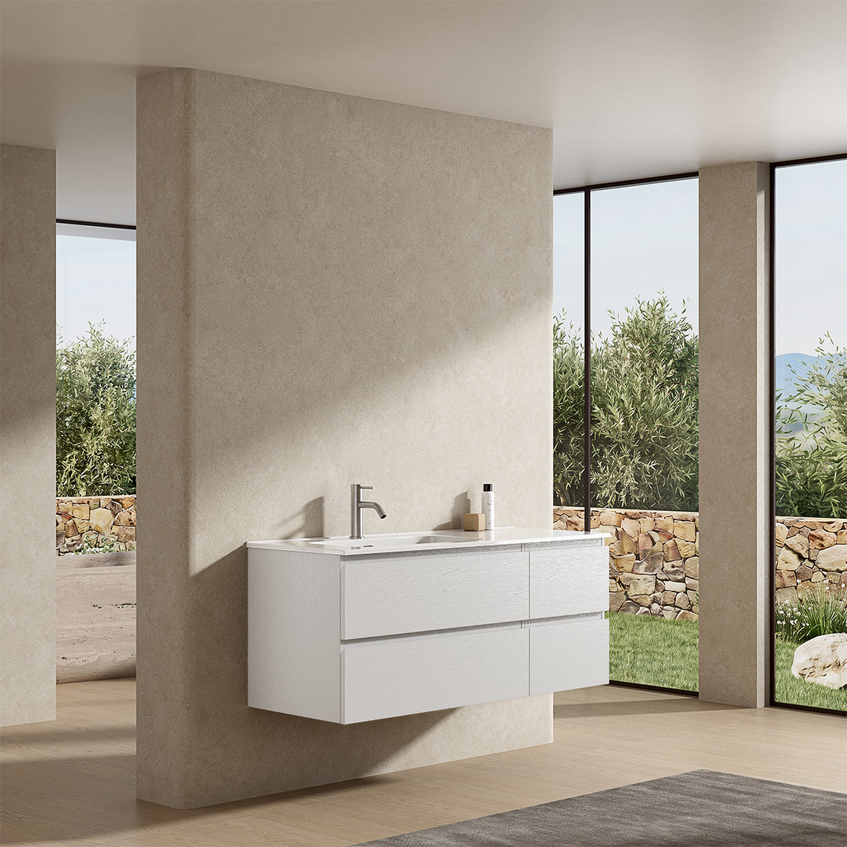 Mobile bagno sospeso 120 cm Bianco Lavabo a Sinistra in Ceramica Senza Specchio - Fiji Wood