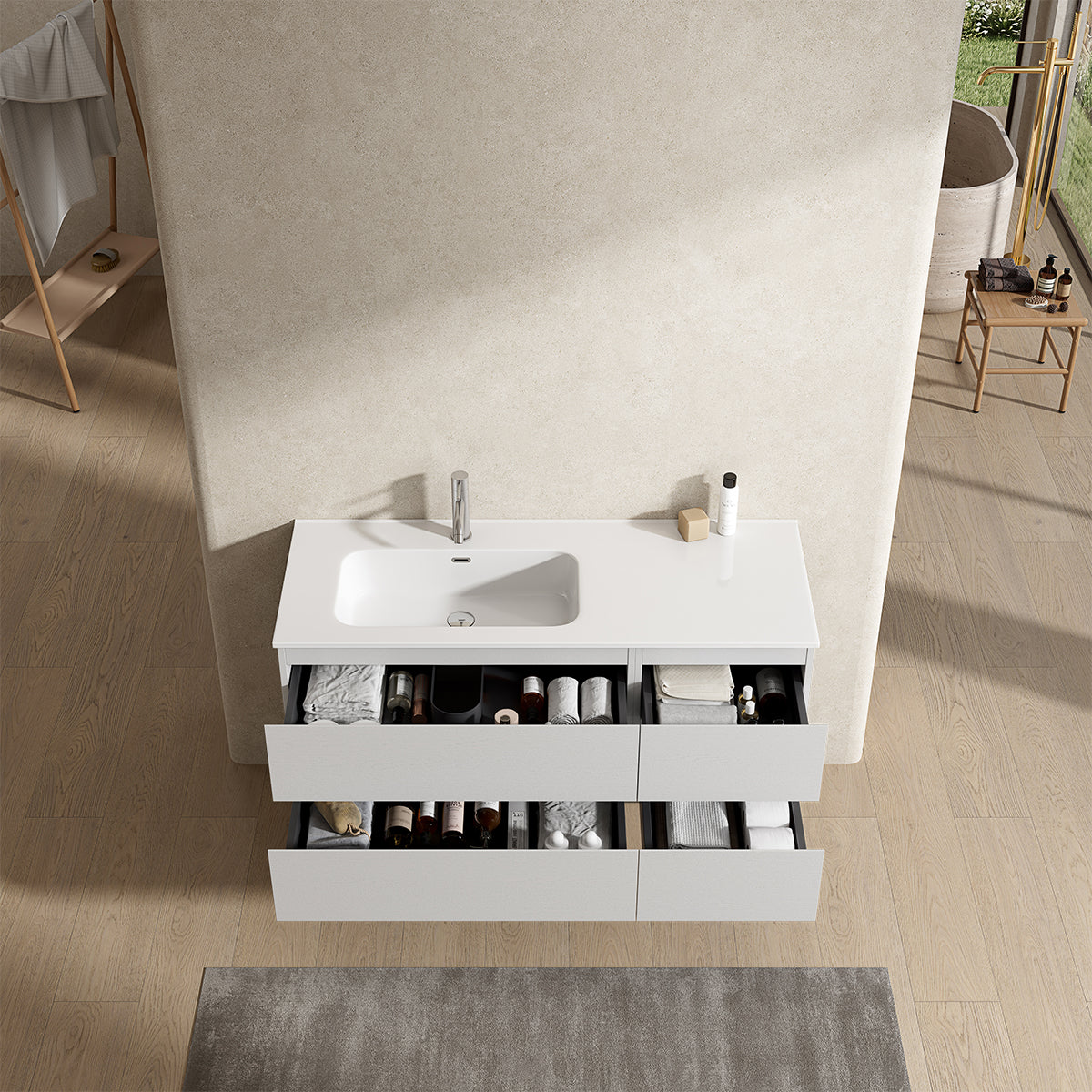 Mobile bagno sospeso 120 cm Bianco Lavabo a Sinistra in Ceramica Senza Specchio - Fiji Wood