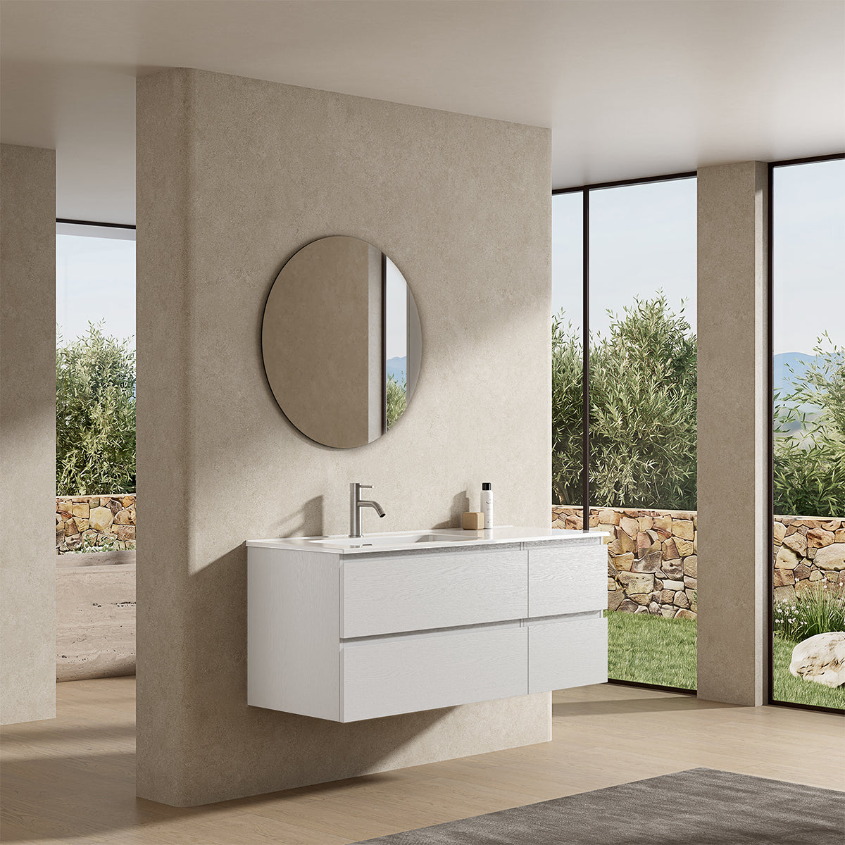 Mobile bagno sospeso 120 cm Bianco Lavabo a Sinistra in Ceramica Specchio Tondo - Fiji Wood