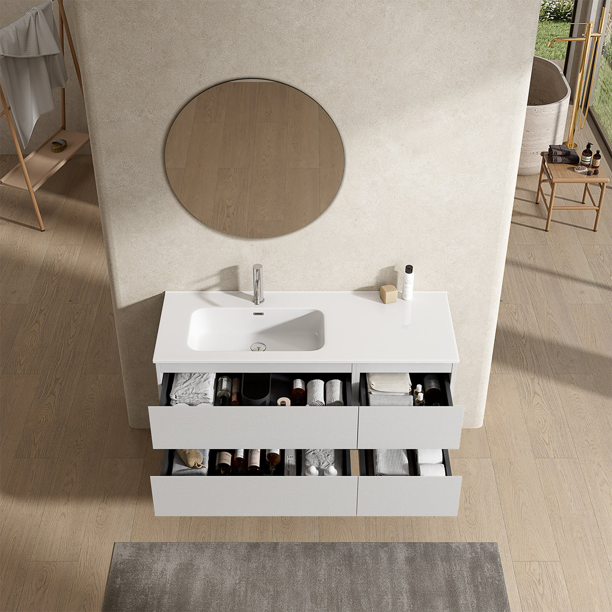 Mobile bagno sospeso 120 cm Bianco Lavabo a Sinistra in Ceramica Specchio Tondo - Fiji Wood