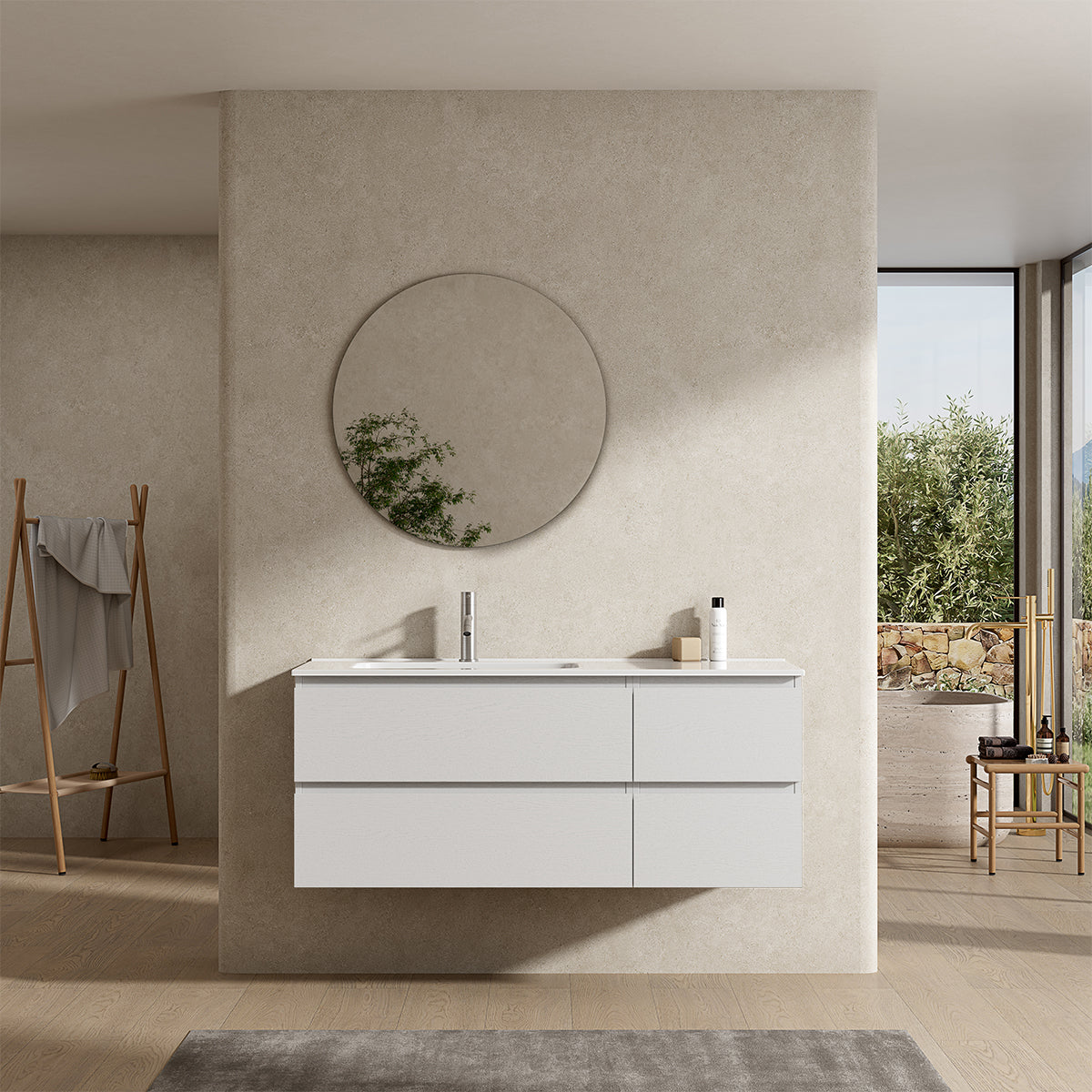 Mobile bagno sospeso 120 cm Bianco Lavabo a Sinistra in Ceramica Specchio Tondo - Fiji Wood
