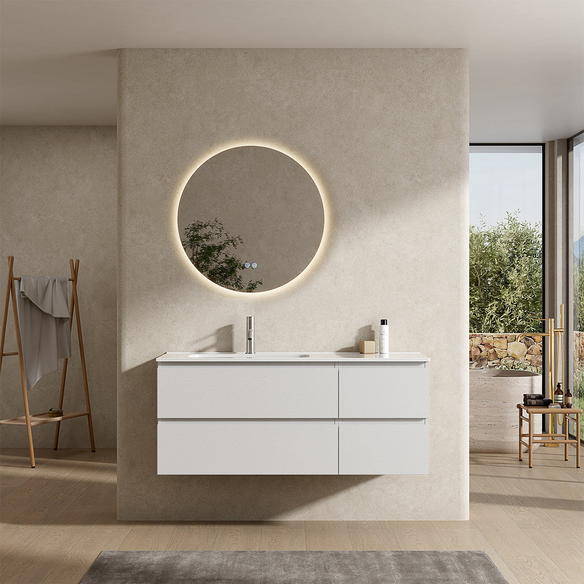 Mobile bagno sospeso 120 cm Bianco Lavabo a Sinistra in Ceramica Specchio Tondo Retroilluminato - Fiji Wood