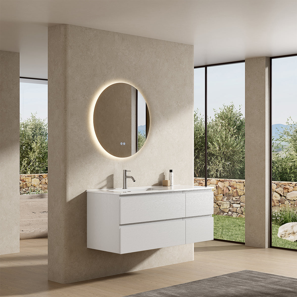 Mobile bagno sospeso 120 cm Bianco Lavabo a Sinistra in Ceramica Specchio Tondo Retroilluminato - Fiji Wood