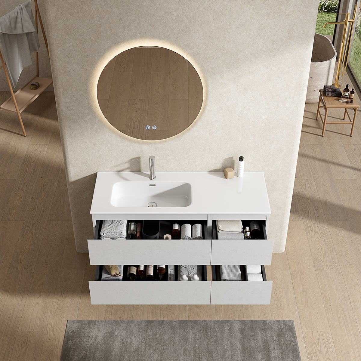 Mobile bagno sospeso 120 cm Bianco Lavabo a Sinistra in Ceramica Specchio Tondo Retroilluminato - Fiji Wood