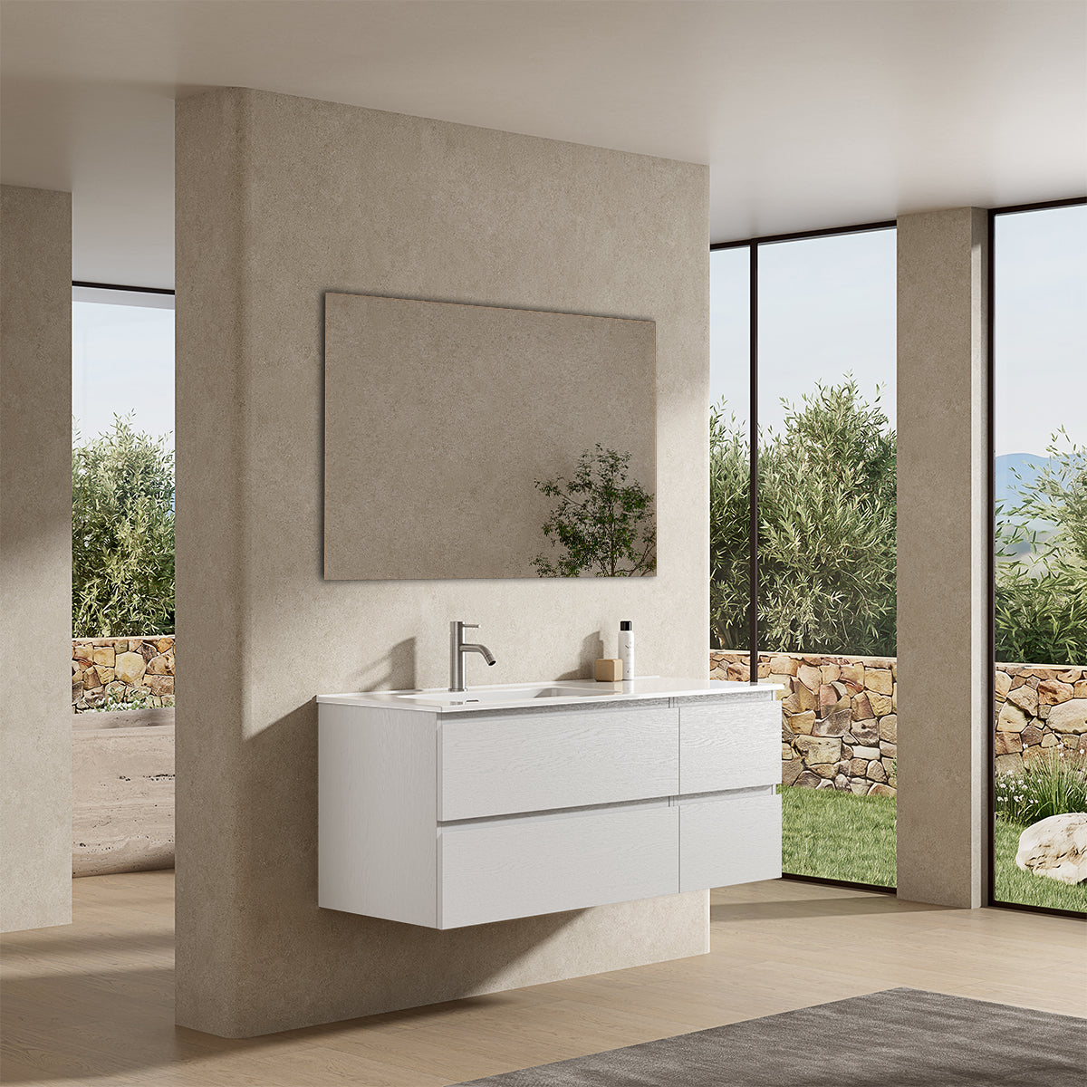 Mobile bagno sospeso 120 cm Bianco Lavabo a Sinistra in Ceramica Specchio Quadro - Fiji Wood