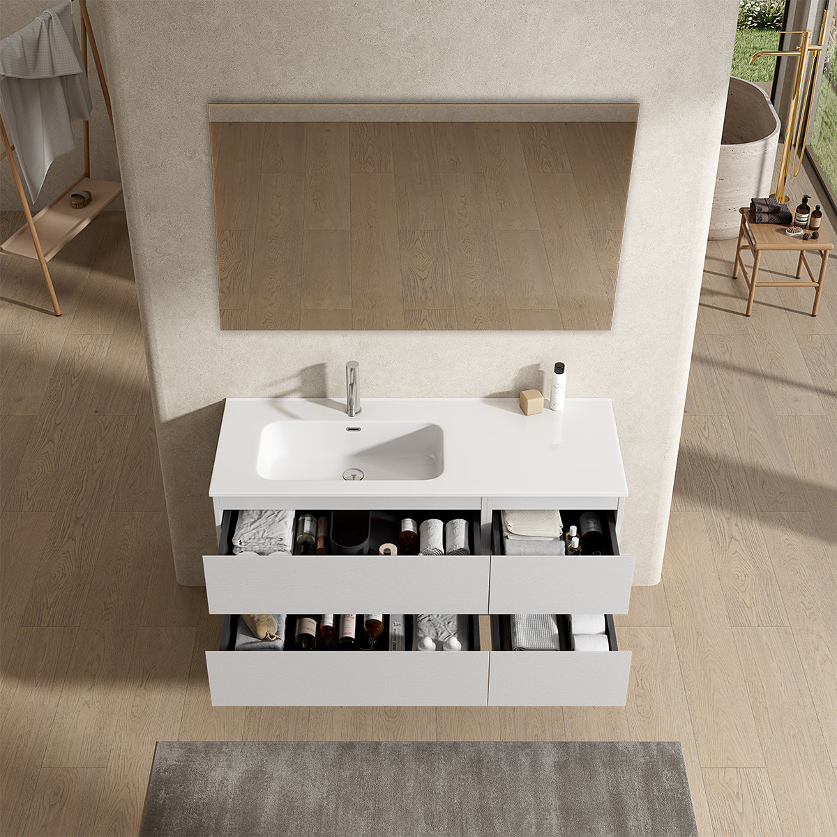 Mobile bagno sospeso 120 cm Bianco Lavabo a Sinistra in Ceramica Specchio Quadro - Fiji Wood
