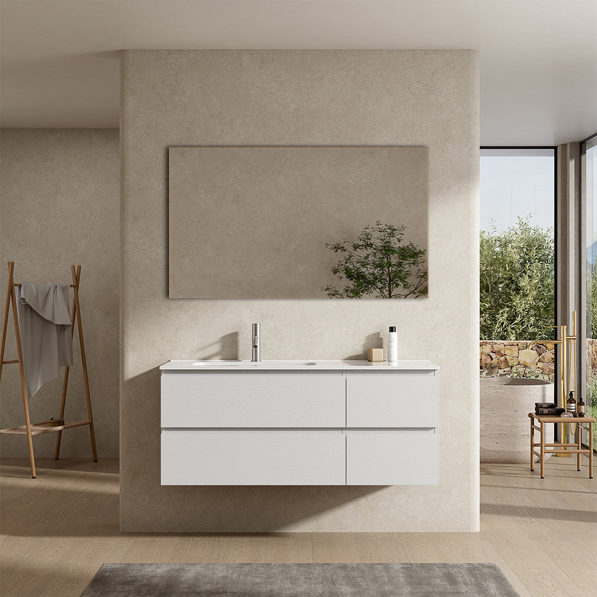 Mobile bagno sospeso 120 cm Bianco Lavabo a Sinistra in Ceramica Specchio Quadro - Fiji Wood