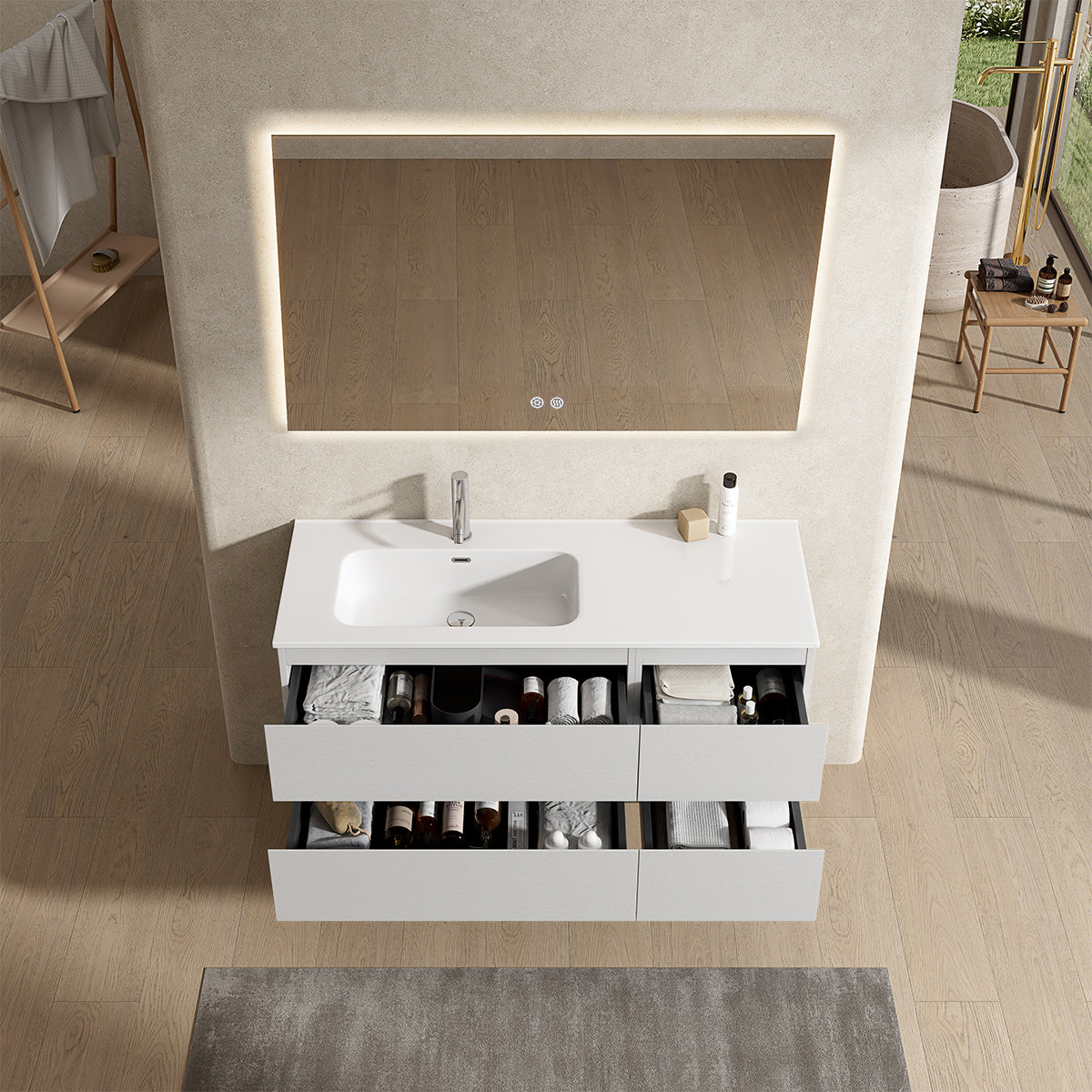 Mobile bagno sospeso 120 cm Bianco Lavabo a Sinistra in Ceramica Specchio Quadro Retroilluminato - Fiji Wood
