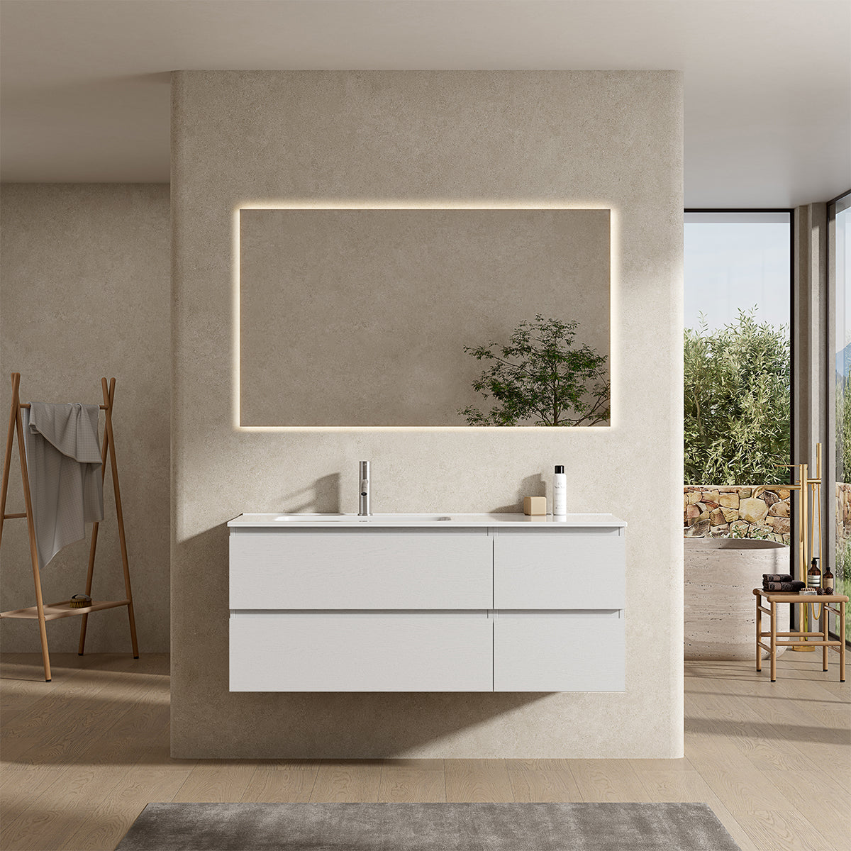 Mobile bagno sospeso 120 cm Bianco Lavabo a Sinistra in Ceramica Specchio Quadro Retroilluminato - Fiji Wood