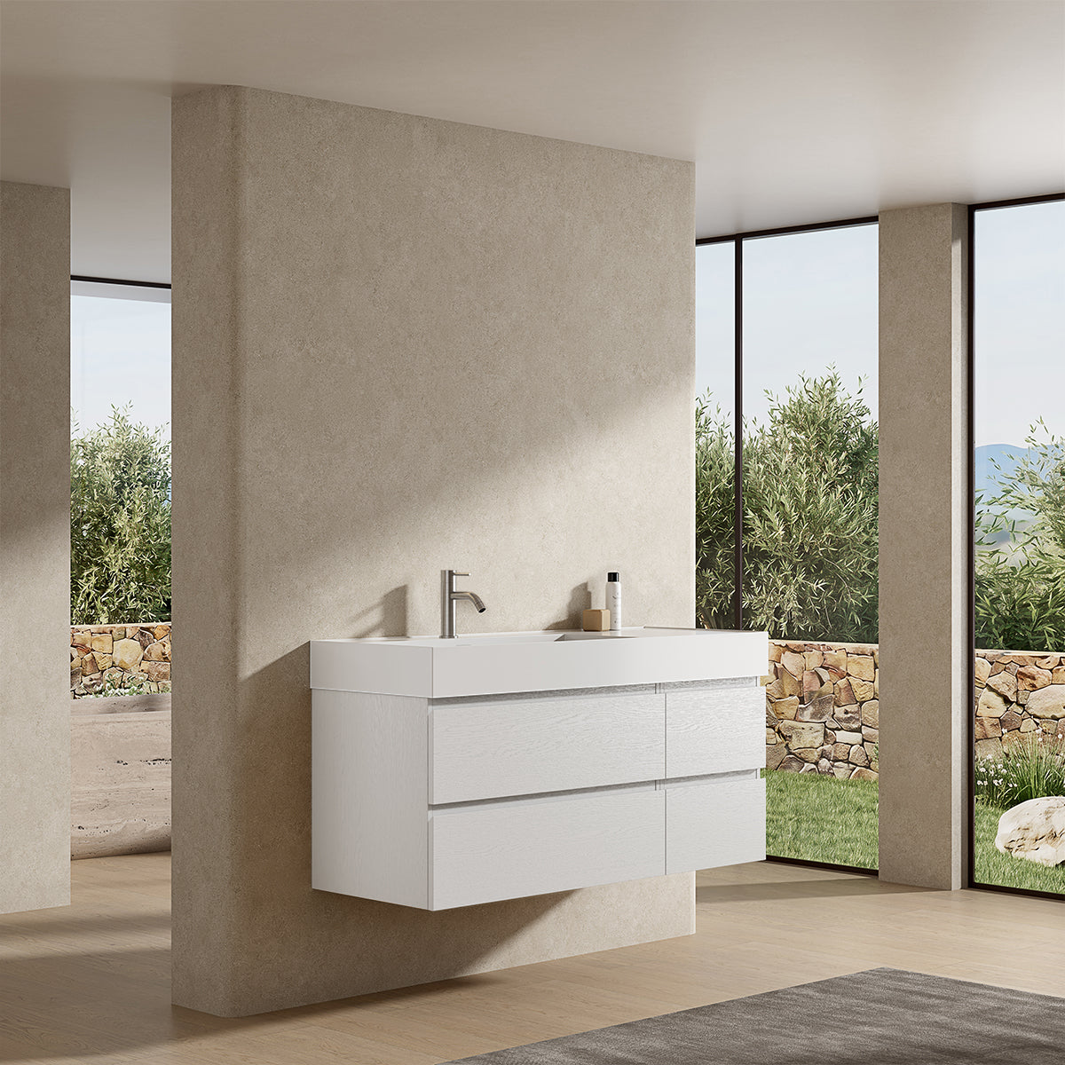 Mobile bagno sospeso 120 cm Bianco Lavabo a Sinistra in Resina Senza Specchio - Fiji Wood