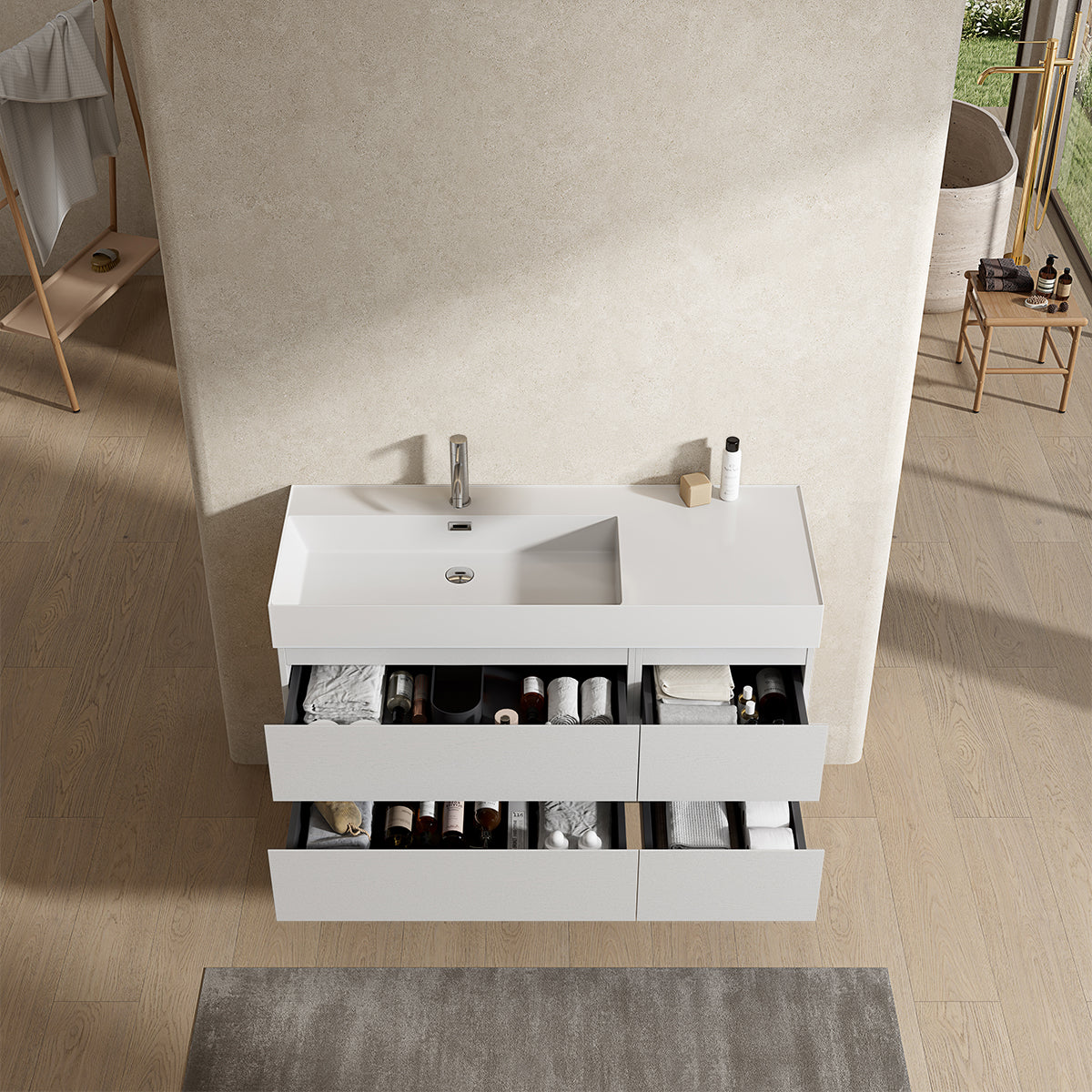 Mobile bagno sospeso 120 cm Bianco Lavabo a Sinistra in Resina Senza Specchio - Fiji Wood