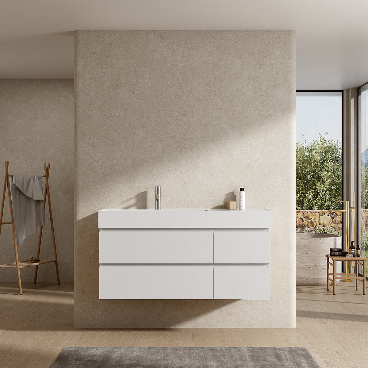 Mobile bagno sospeso 120 cm Bianco Lavabo a Sinistra in Resina Senza Specchio - Fiji Wood