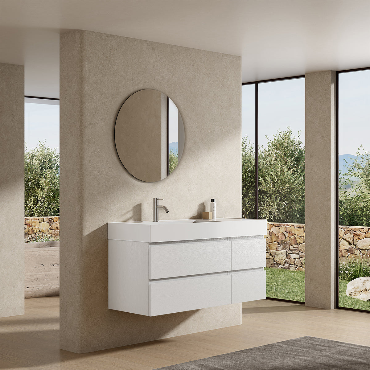 Mobile bagno sospeso 120 cm Bianco Lavabo a Sinistra in Resina Specchio Tondo - Fiji Wood
