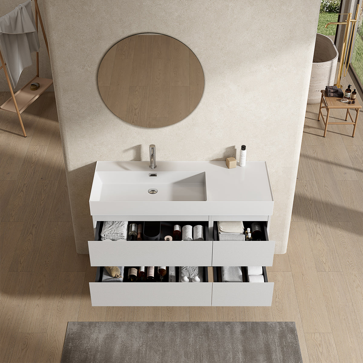 Mobile bagno sospeso 120 cm Bianco Lavabo a Sinistra in Resina Specchio Tondo - Fiji Wood