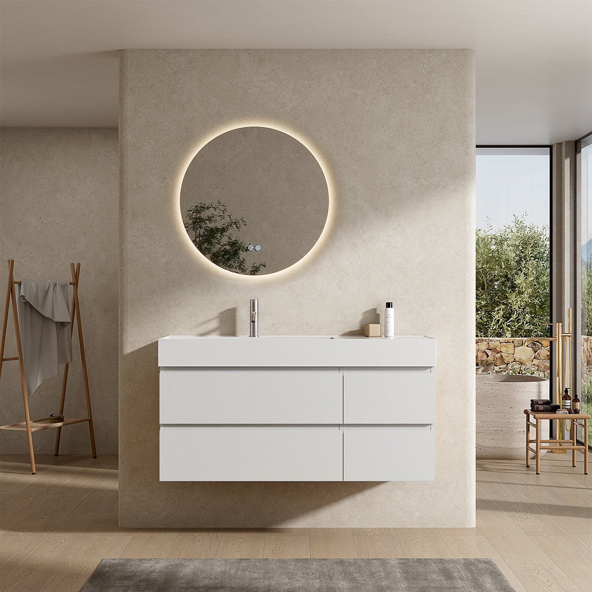 Mobile bagno sospeso 120 cm Bianco Lavabo a Sinistra in Resina Specchio Tondo Retroilluminato - Fiji Wood