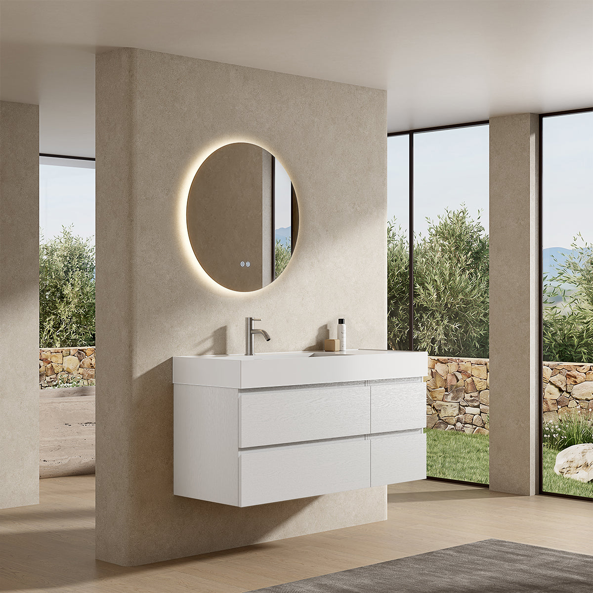 Mobile bagno sospeso 120 cm Bianco Lavabo a Sinistra in Resina Specchio Tondo Retroilluminato - Fiji Wood