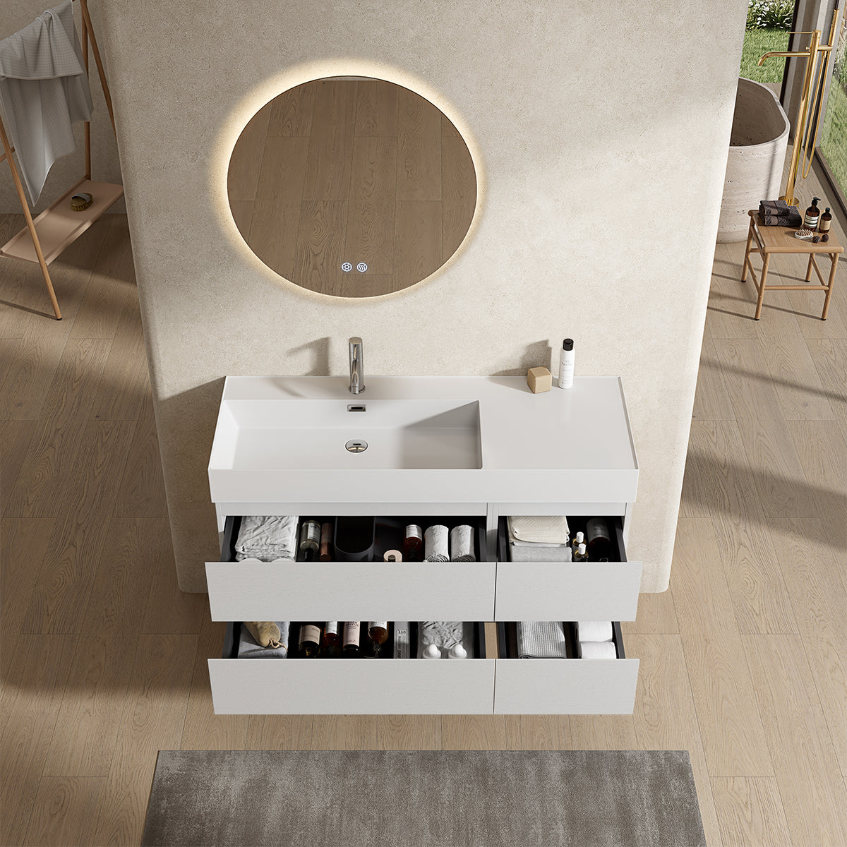 Mobile bagno sospeso 120 cm Bianco Lavabo a Sinistra in Resina Specchio Tondo Retroilluminato - Fiji Wood