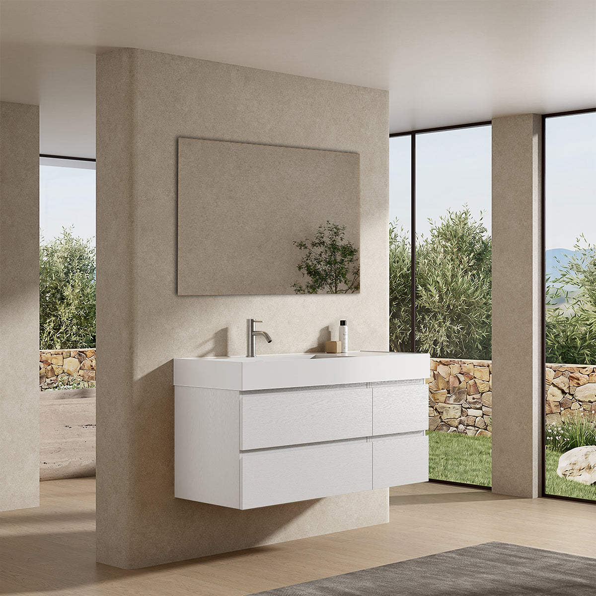 Mobile bagno sospeso 120 cm Bianco Lavabo a Sinistra in Resina Specchio Quadro - Fiji Wood