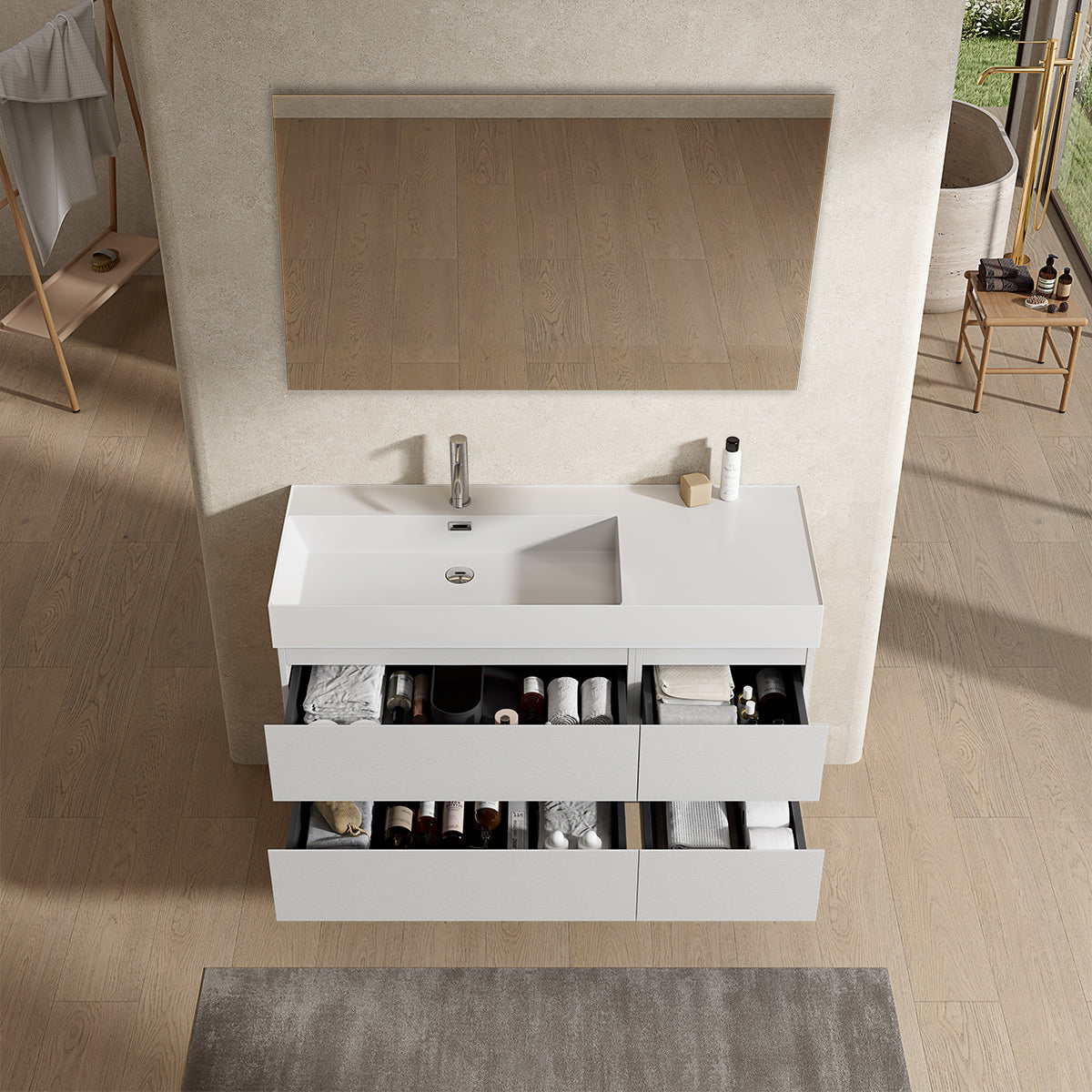 Mobile bagno sospeso 120 cm Bianco Lavabo a Sinistra in Resina Specchio Quadro - Fiji Wood