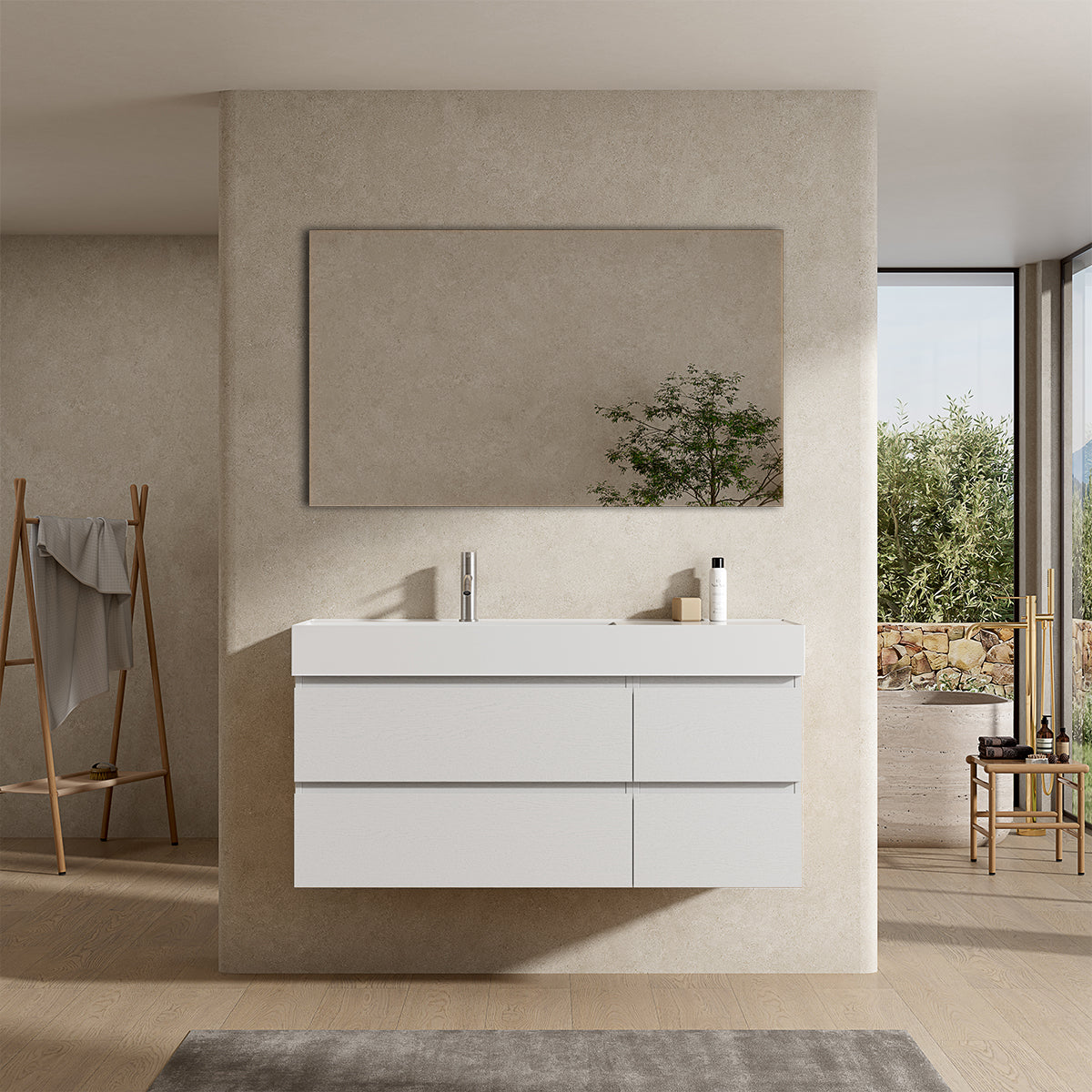 Mobile bagno sospeso 120 cm Bianco Lavabo a Sinistra in Resina Specchio Quadro - Fiji Wood