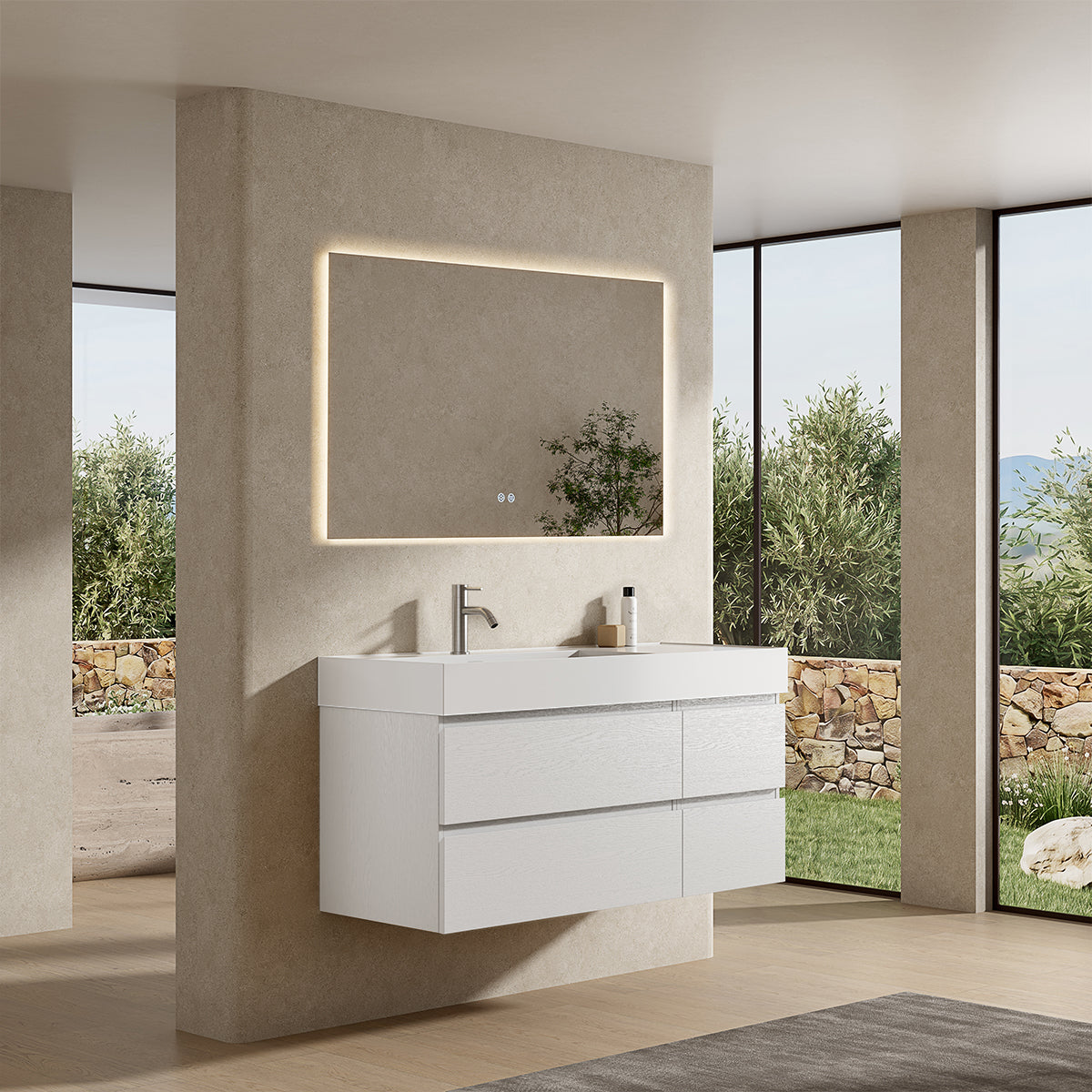 Mobile bagno sospeso 120 cm Bianco Lavabo a Sinistra in Resina Specchio Quadro Retroilluminato - Fiji Wood