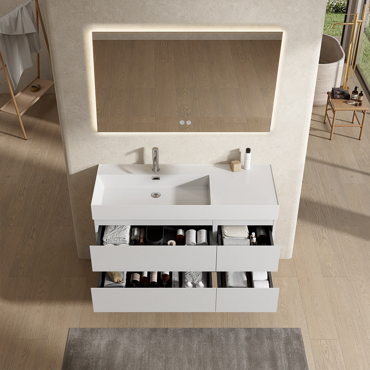 Mobile bagno sospeso 120 cm Bianco Lavabo a Sinistra in Resina Specchio Quadro Retroilluminato - Fiji Wood