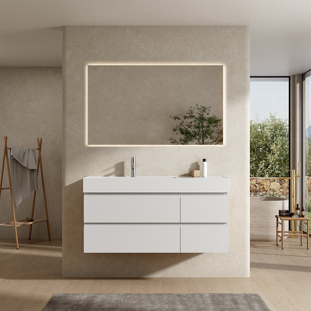 Mobile bagno sospeso 120 cm Bianco Lavabo a Sinistra in Resina Specchio Quadro Retroilluminato - Fiji Wood