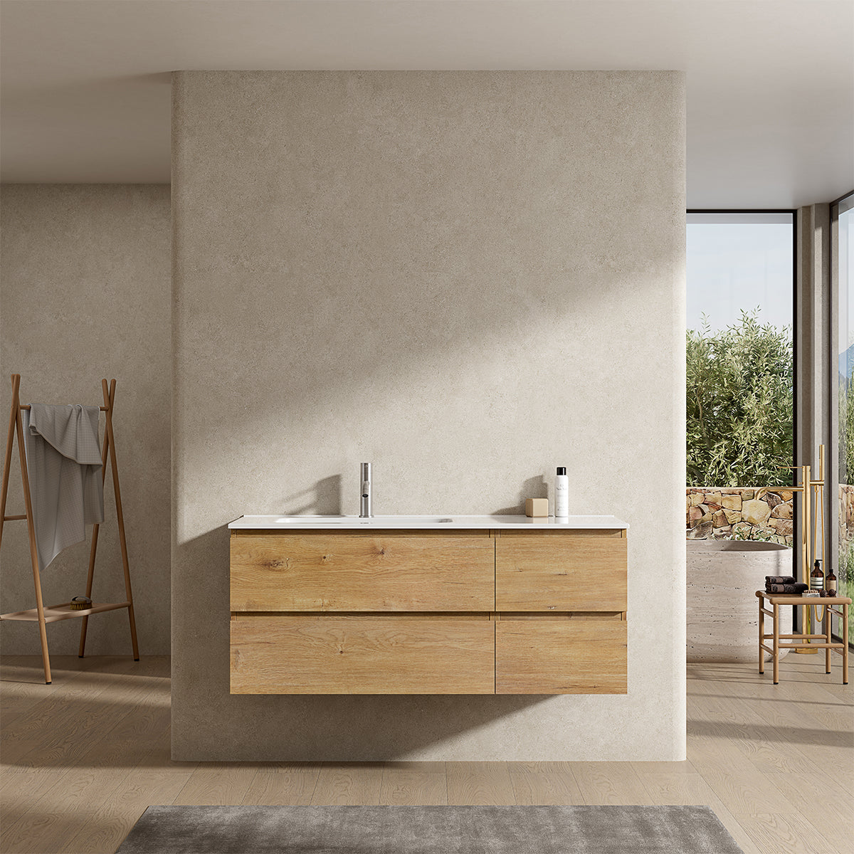 Mobile bagno sospeso 120 cm Bruno Medio Lavabo a Sinistra in Ceramica Senza Specchio - Fiji Wood