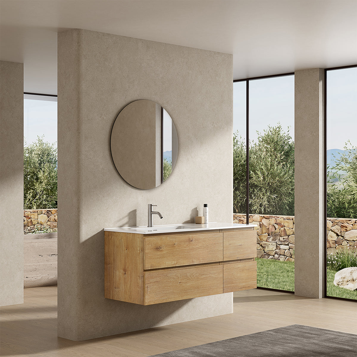 Mobile bagno sospeso 120 cm Bruno Medio Lavabo a Sinistra in Ceramica Specchio Tondo - Fiji Wood
