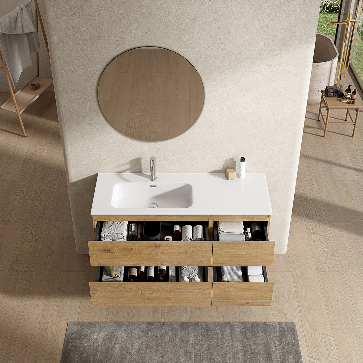 Mobile bagno sospeso 120 cm Bruno Medio Lavabo a Sinistra in Ceramica Specchio Tondo - Fiji Wood