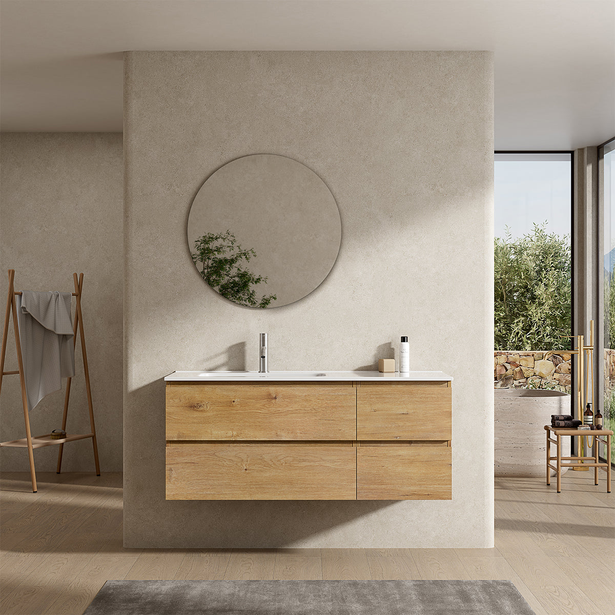 Mobile bagno sospeso 120 cm Bruno Medio Lavabo a Sinistra in Ceramica Specchio Tondo - Fiji Wood