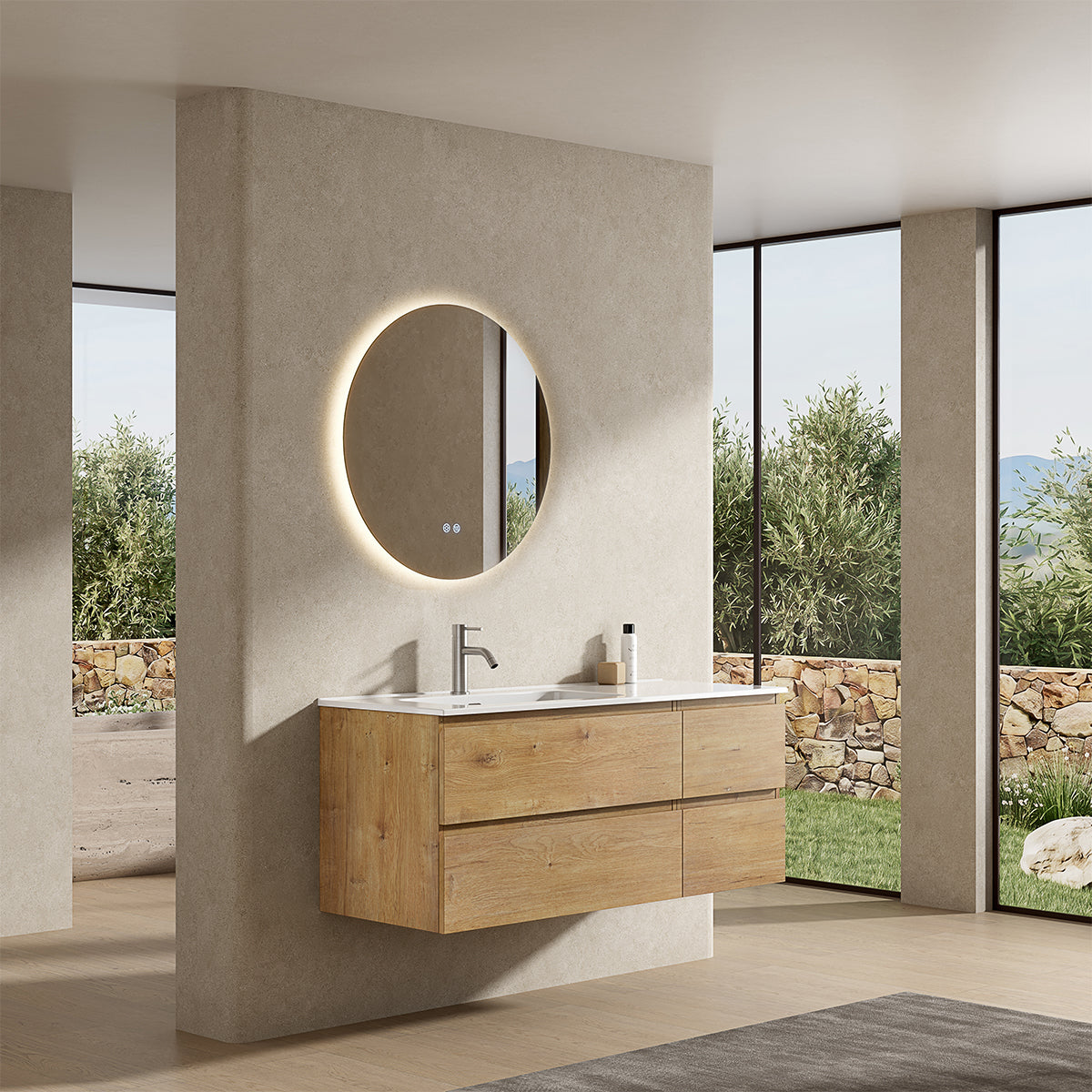 Mobile bagno sospeso 120 cm Bruno Medio Lavabo a Sinistra in Ceramica Specchio Tondo Rettroilluminato - Fiji Wood