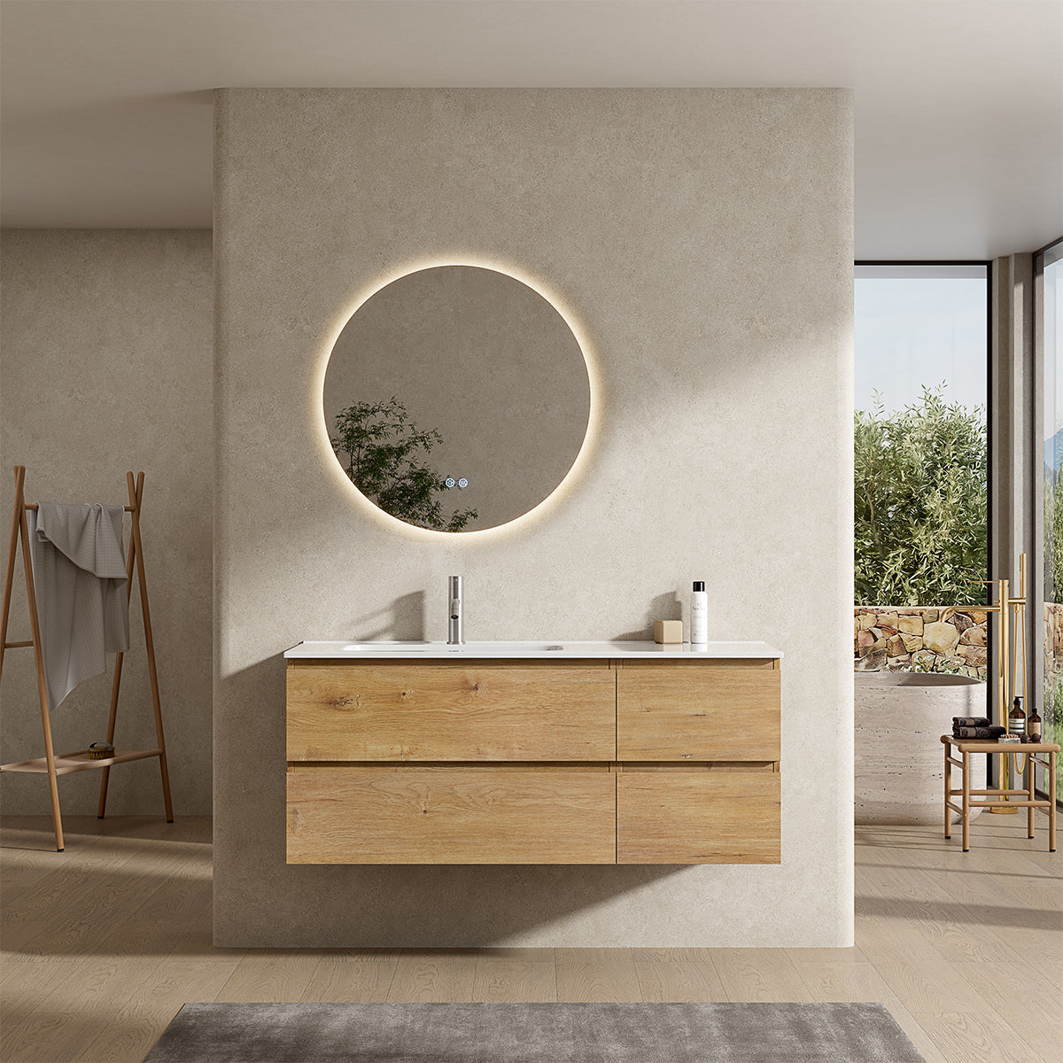 Mobile bagno sospeso 120 cm Bruno Medio Lavabo a Sinistra in Ceramica Specchio Tondo Rettroilluminato - Fiji Wood