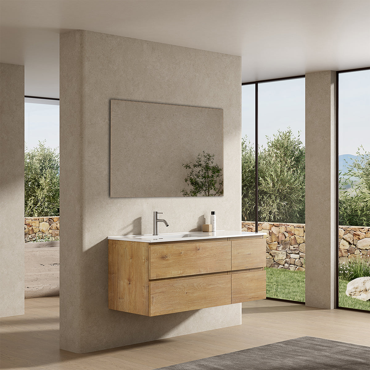 Mobile bagno sospeso 120 cm Bruno Medio Lavabo a Sinistra in Ceramica Specchio Quadro - Fiji Wood