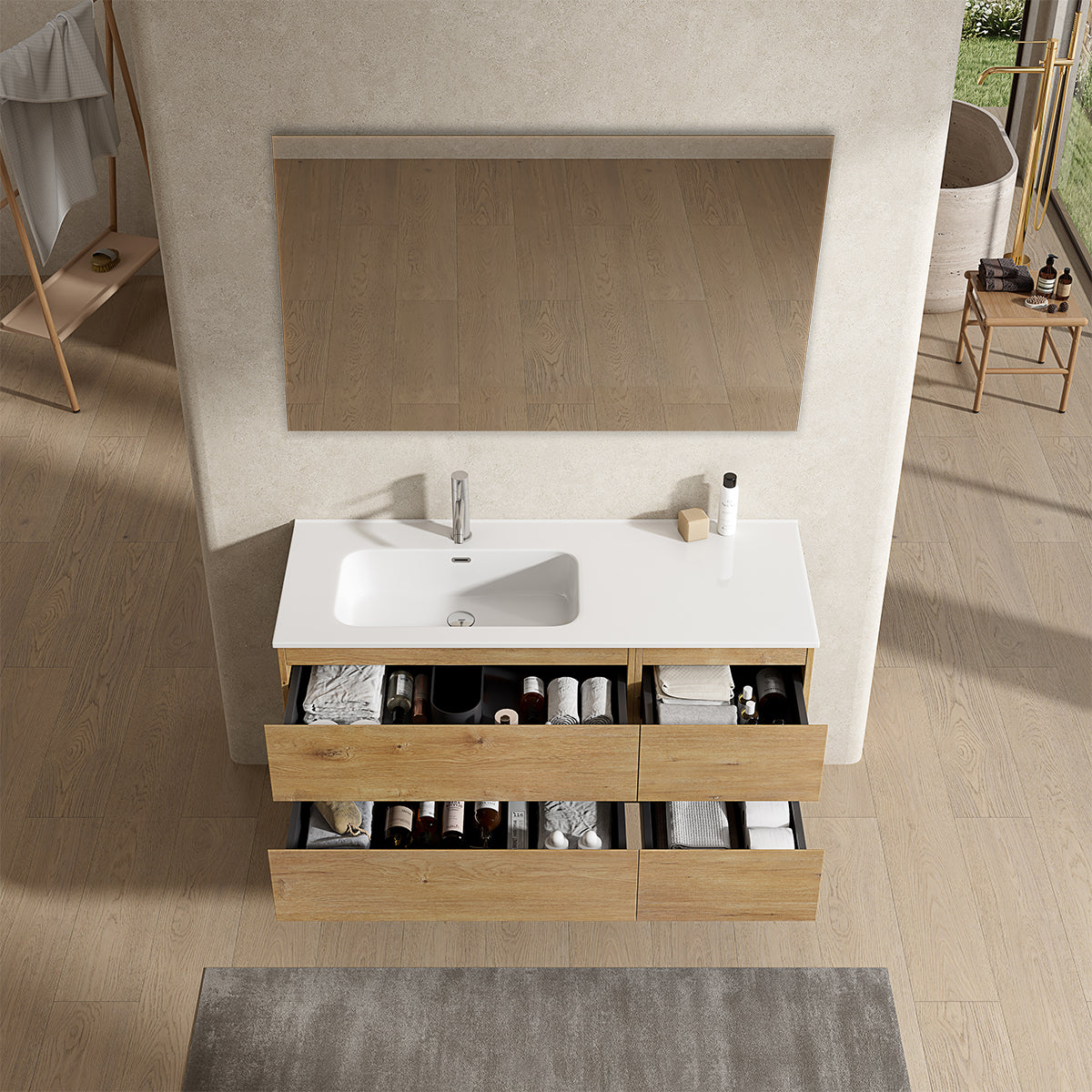 Mobile bagno sospeso 120 cm Bruno Medio Lavabo a Sinistra in Ceramica Specchio Quadro - Fiji Wood