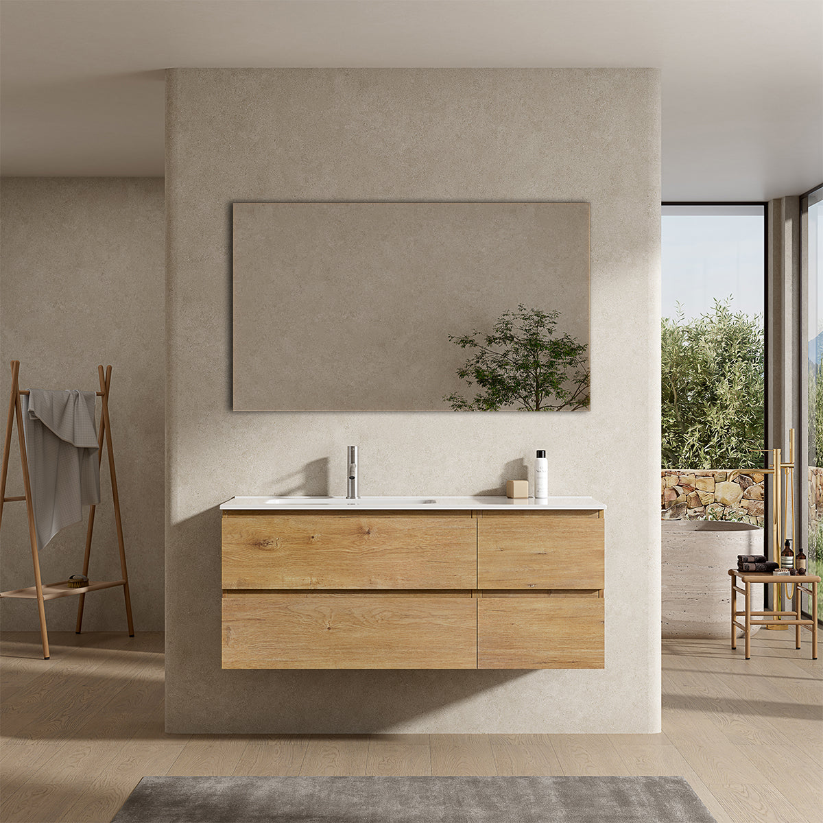 Mobile bagno sospeso 120 cm Bruno Medio Lavabo a Sinistra in Ceramica Specchio Quadro - Fiji Wood